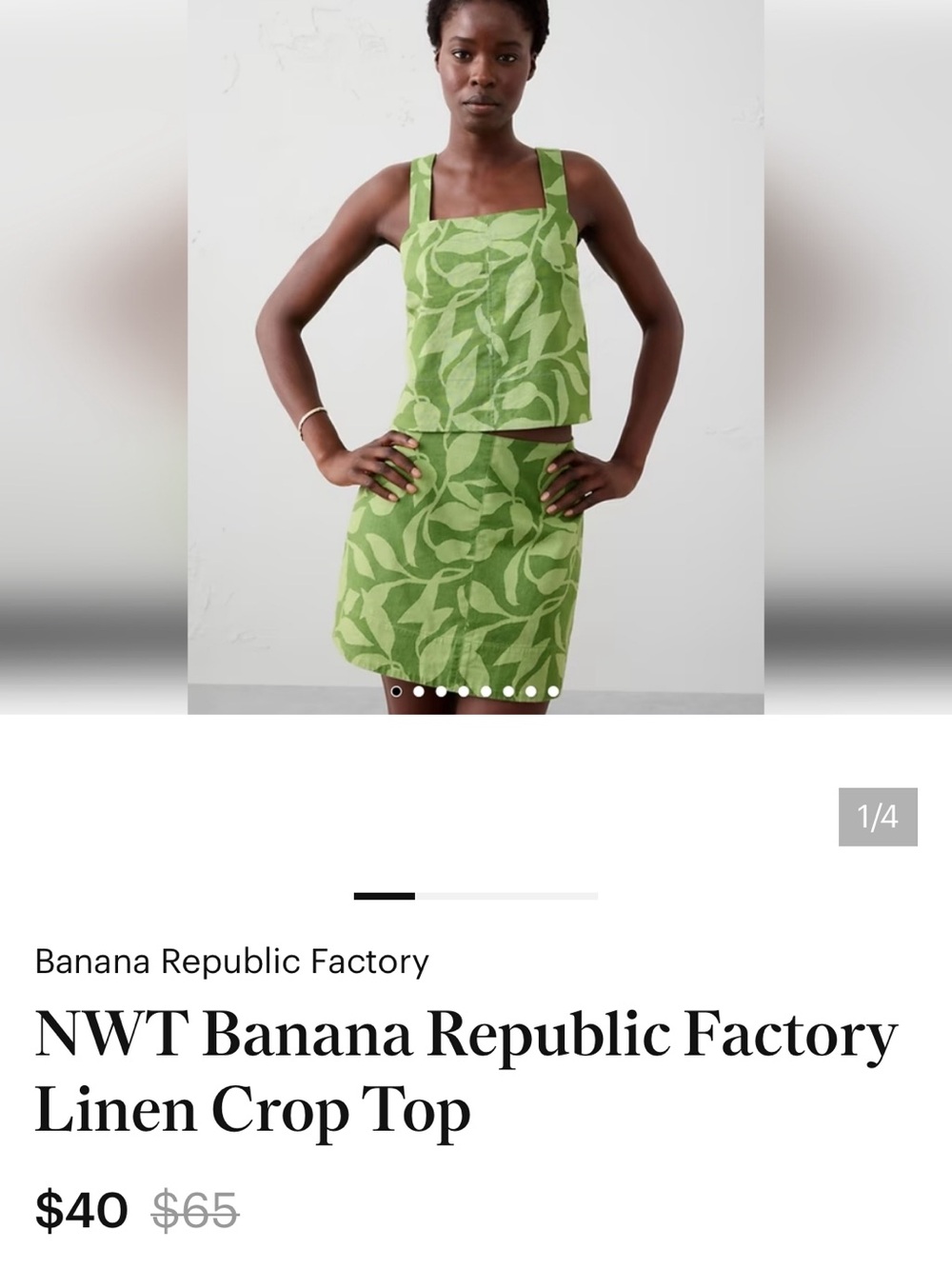 Banana Republic Crop Top Sz M w MEASUREMENTS Green Leaf Print Linen Adj. Straps - Picture 2 of 12